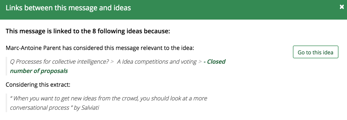 Showing which ideas a message is related to, and why
